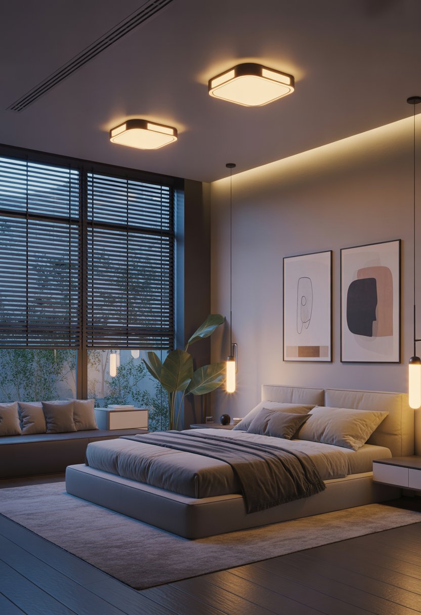 A modern bedroom with automated blinds on the windows and voice-controlled lighting illuminating the space.