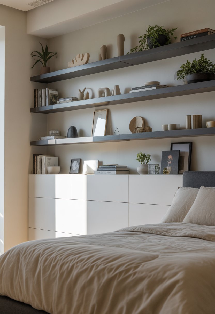 A modern bedroom with floating shelves displaying decorative items and a clear floor beneath.
