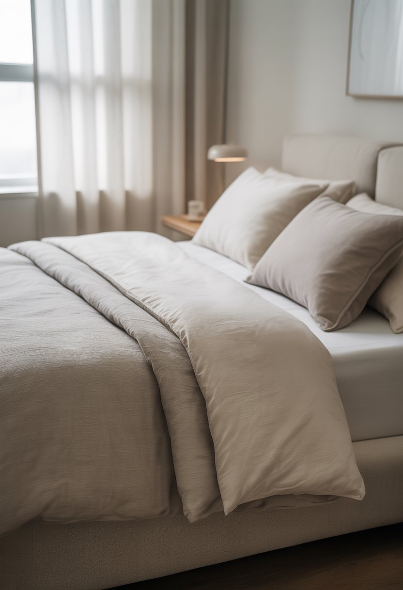 A neatly made bed with solid color bedding and subtle textures in a bright, clean bedroom with minimal furniture and natural light.