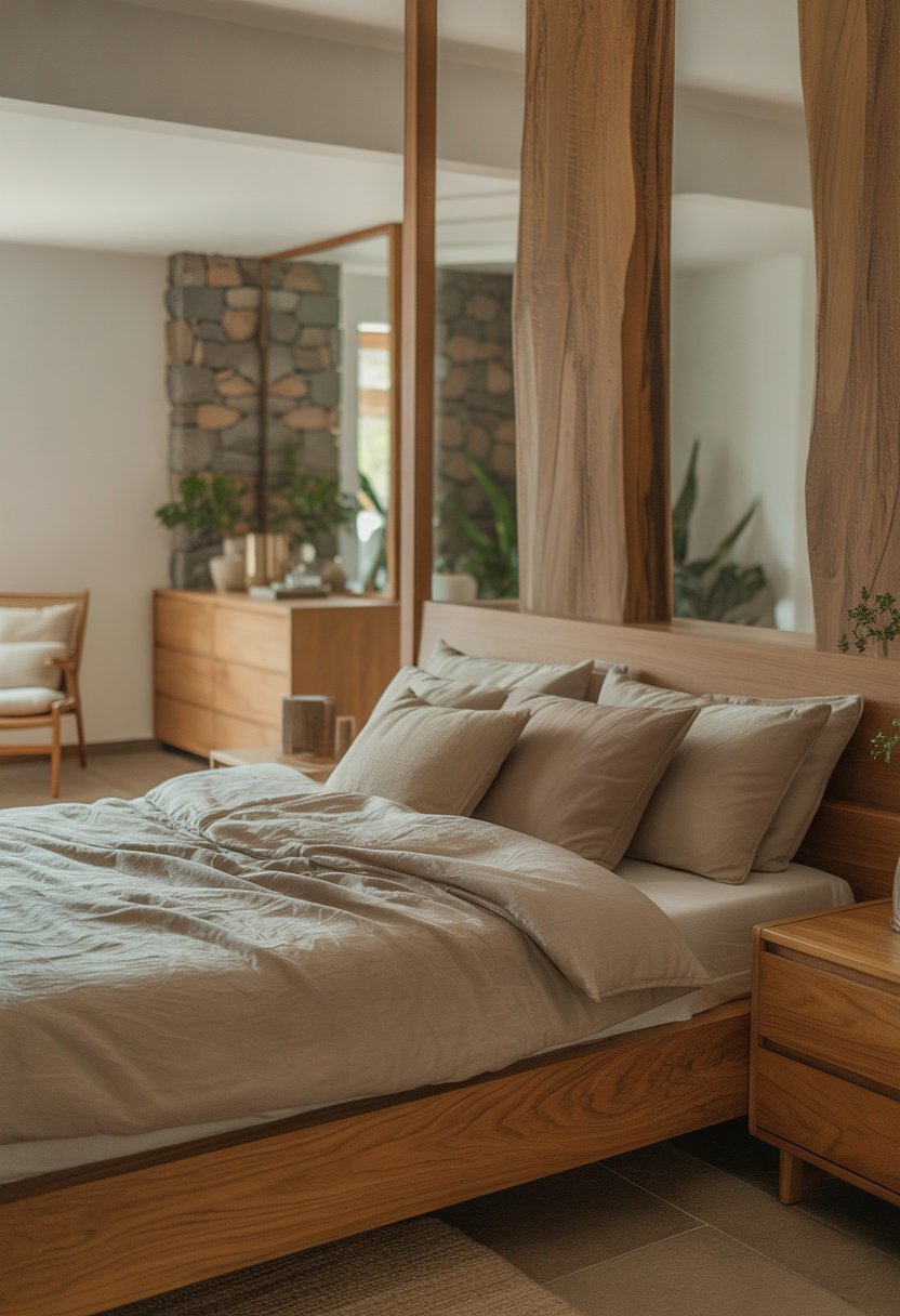A modern bedroom with a wooden bed, stone accents, warm lighting, and plants.