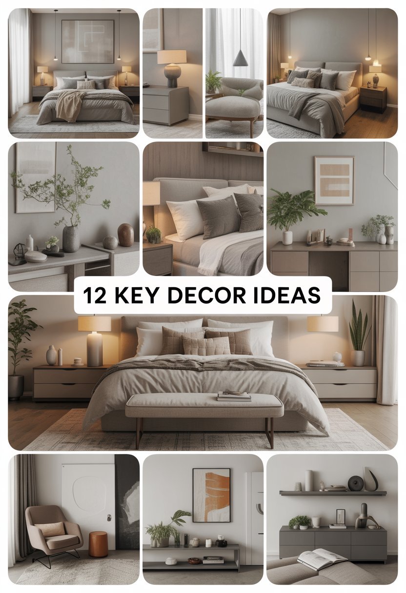 A bright and tidy bedroom with a large bed, nightstands, a cozy chair, plants, and modern furniture arranged neatly.