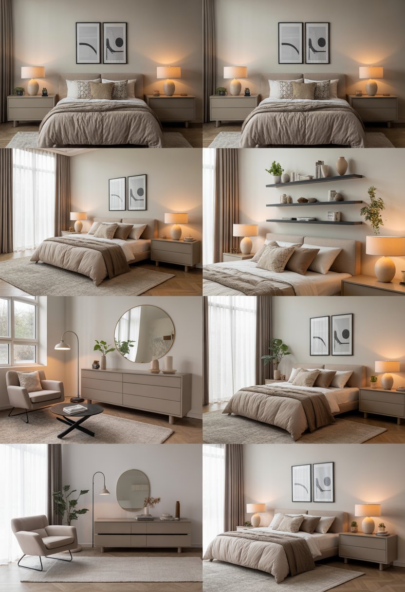 A bright bedroom with a large bed, nightstands, decorative plants, artwork on the walls, and a cozy reading corner.