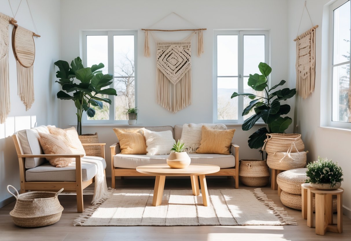 A bright living room with a sofa, wooden furniture, plants, and decorative wall hangings, illuminated by natural sunlight.