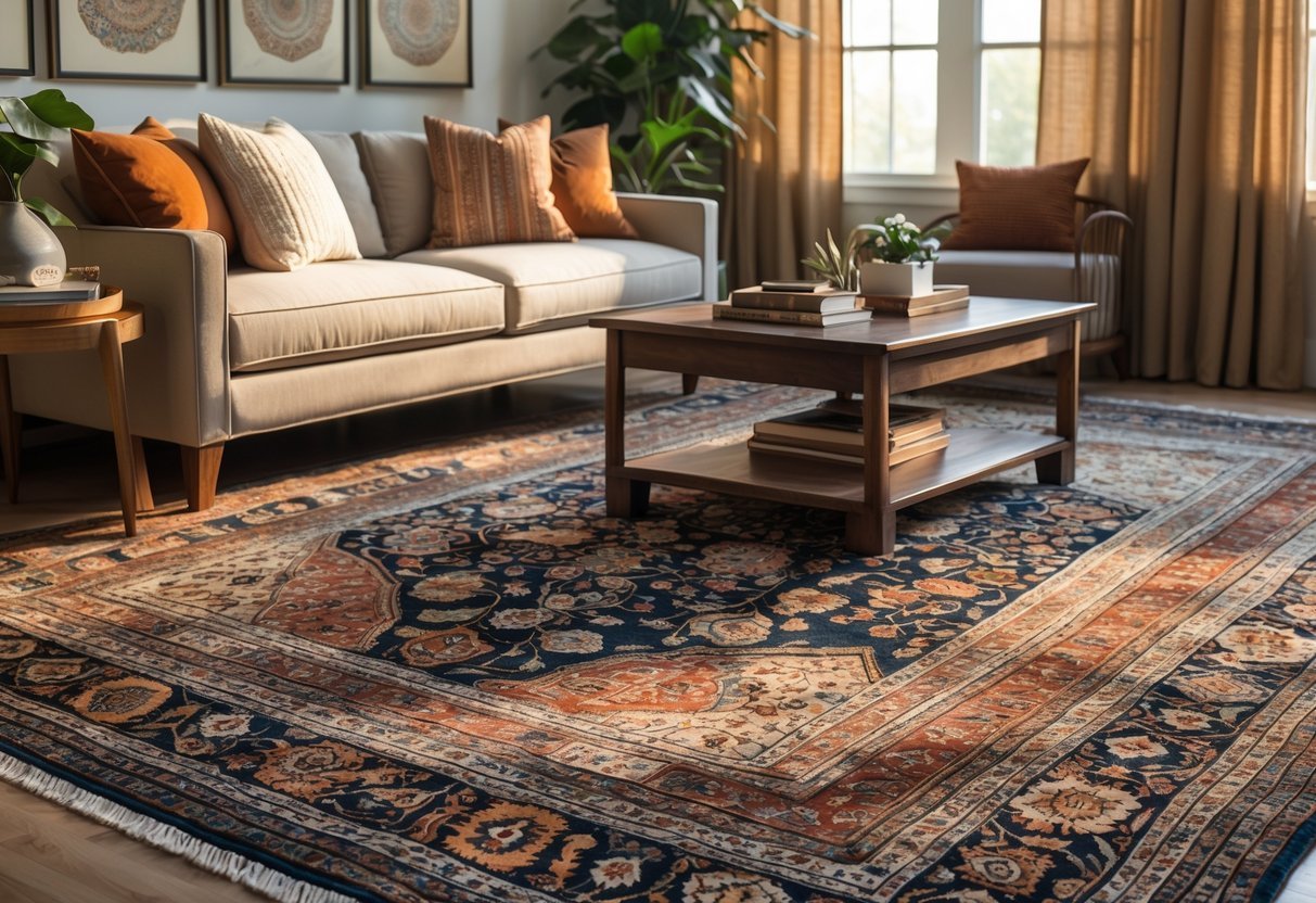A living room with layered Persian rugs on the floor, a sofa, coffee table, and natural light from windows.
