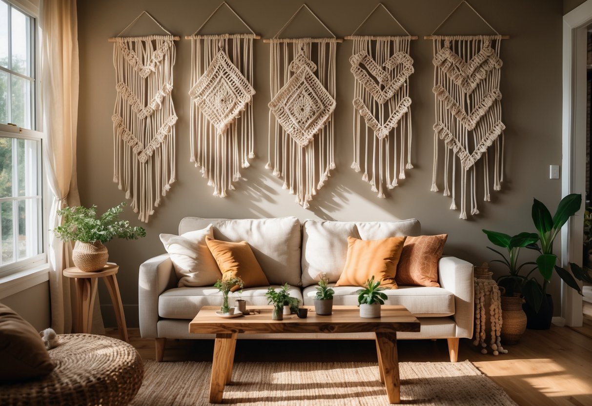 A cozy living room with a sofa, coffee table, plants, and macrame wall hangings on the wall.