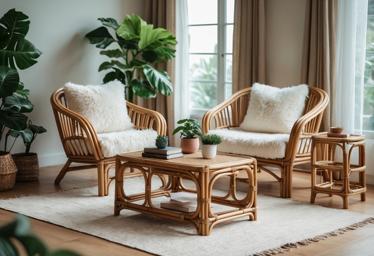 A living room with rattan furniture including an armchair, coffee table, and side table, decorated with plants and natural light coming through a window.