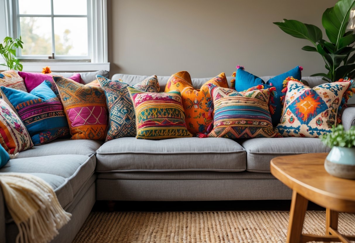 A living room sofa with a variety of colorful throw pillows arranged on it, next to a wooden coffee table and a plant.
