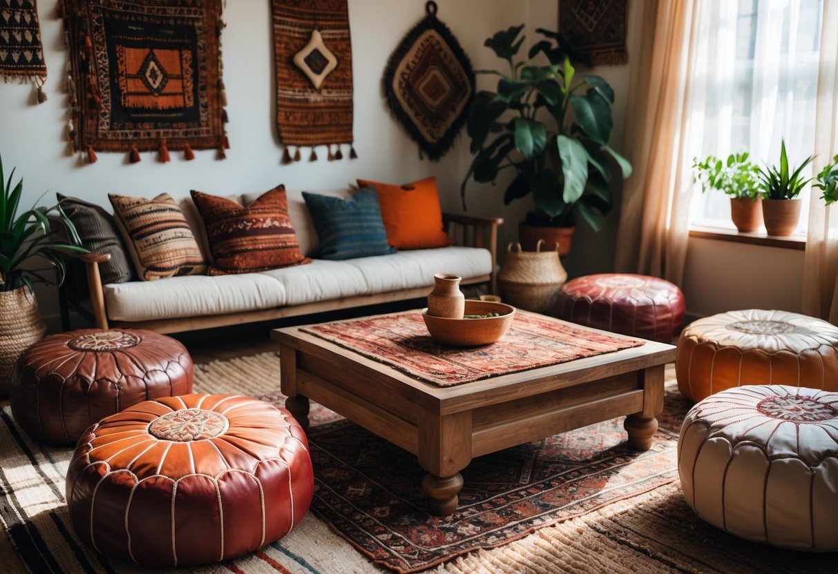 A living room with several leather poufs around a low wooden table, decorated with plants and woven baskets.
