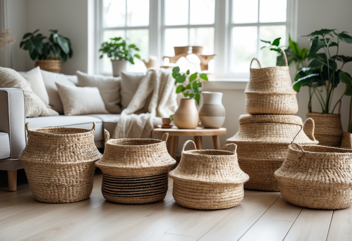 A living room with several jute woven baskets on the floor near a sofa and plants, lit by natural light.