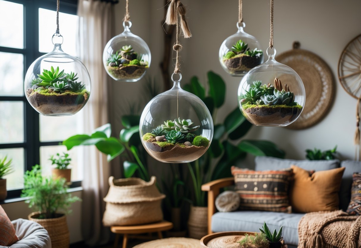 A living room with hanging glass terrariums containing succulents near a window and surrounded by plants and furniture.