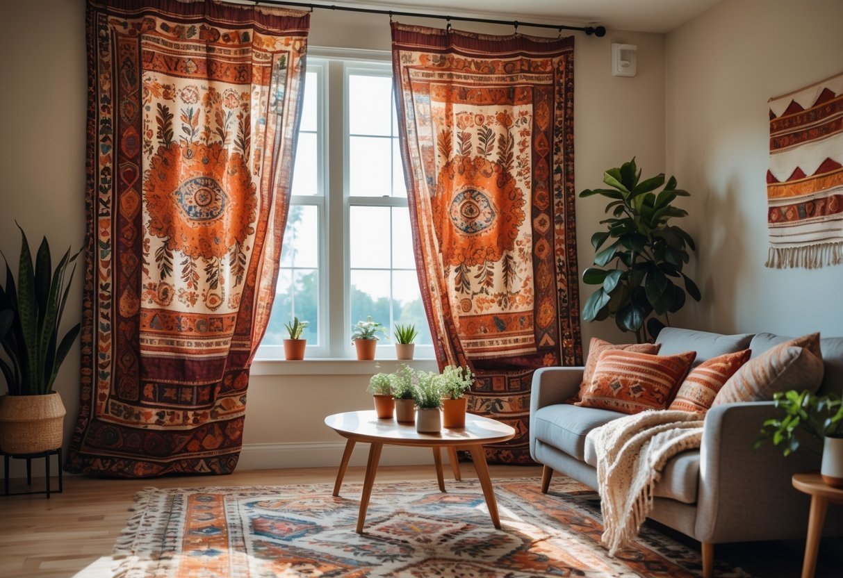 A living room with large patterned curtains hanging by a window, a sofa with cushions, a coffee table with plants, and a rug on the floor.