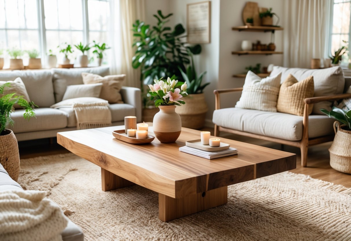 A living room with a natural wood coffee table surrounded by seating, plants, and decorative items, illuminated by natural light.