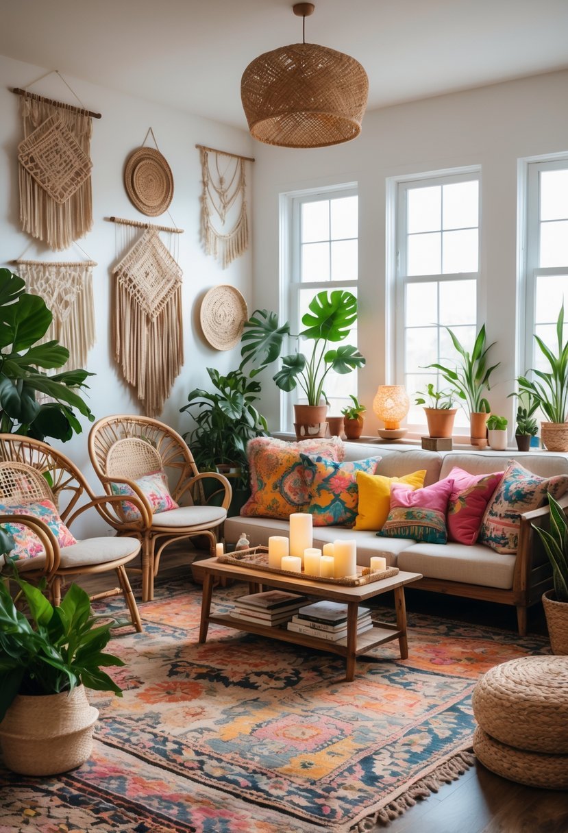 A bright living room with a sofa, wooden furniture, plants, rugs, and decorative cushions arranged in a cozy and inviting setting.