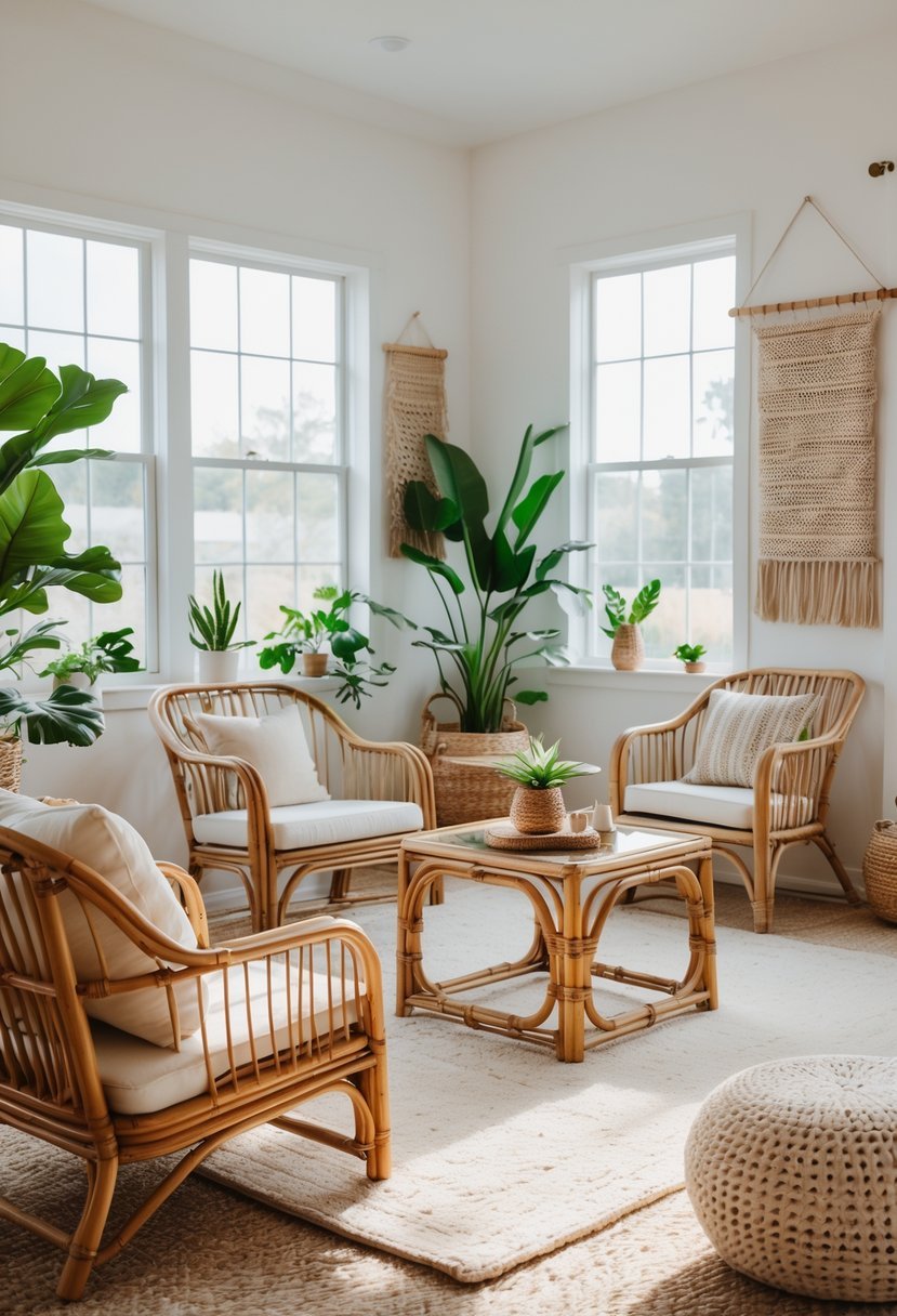 A well-lit living room with rattan furniture, including chairs and a coffee table, decorated with plants and soft textiles.