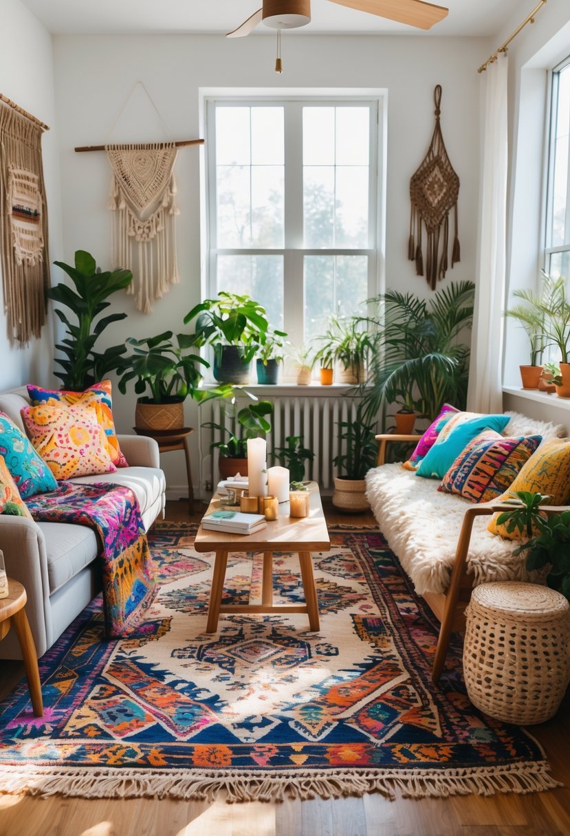 A bright living room with a sofa, colorful pillows, rugs, plants, and natural wood furniture illuminated by sunlight.