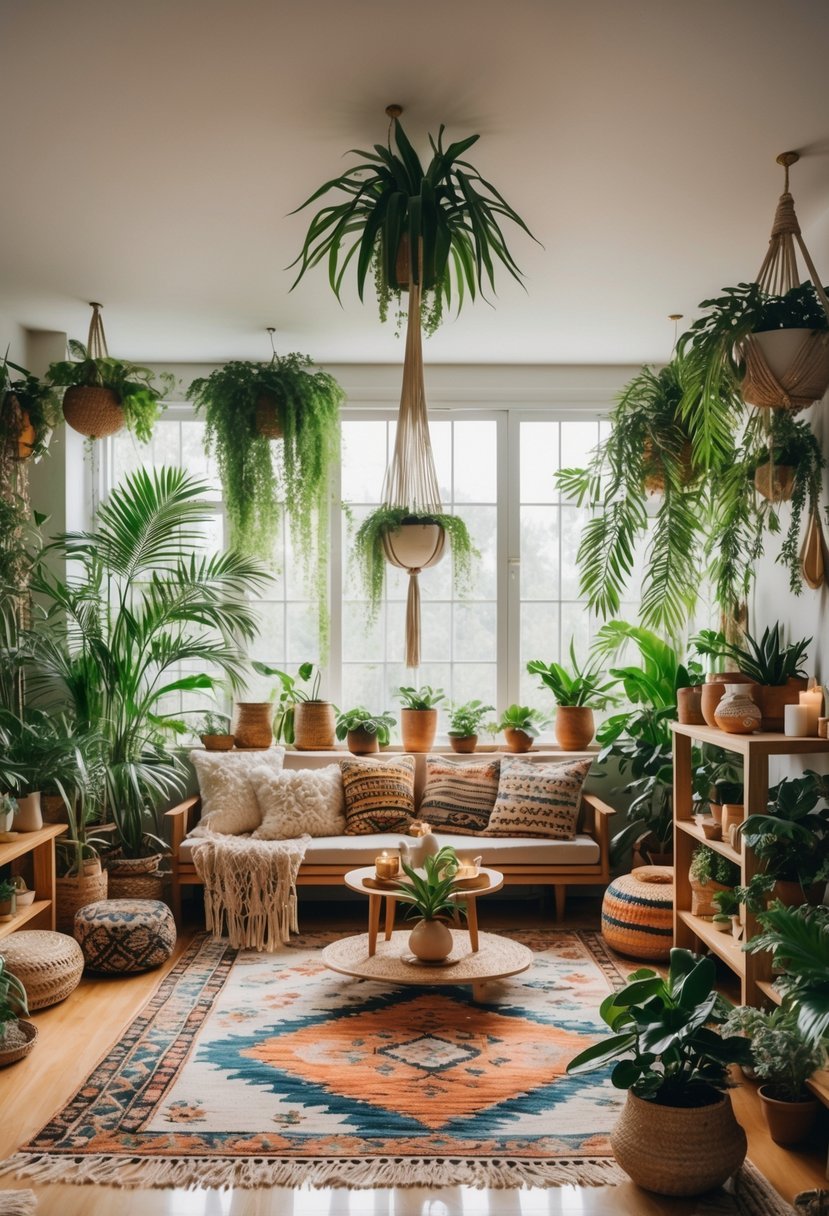 A living room filled with various indoor plants, comfortable seating, wooden furniture, and natural light.
