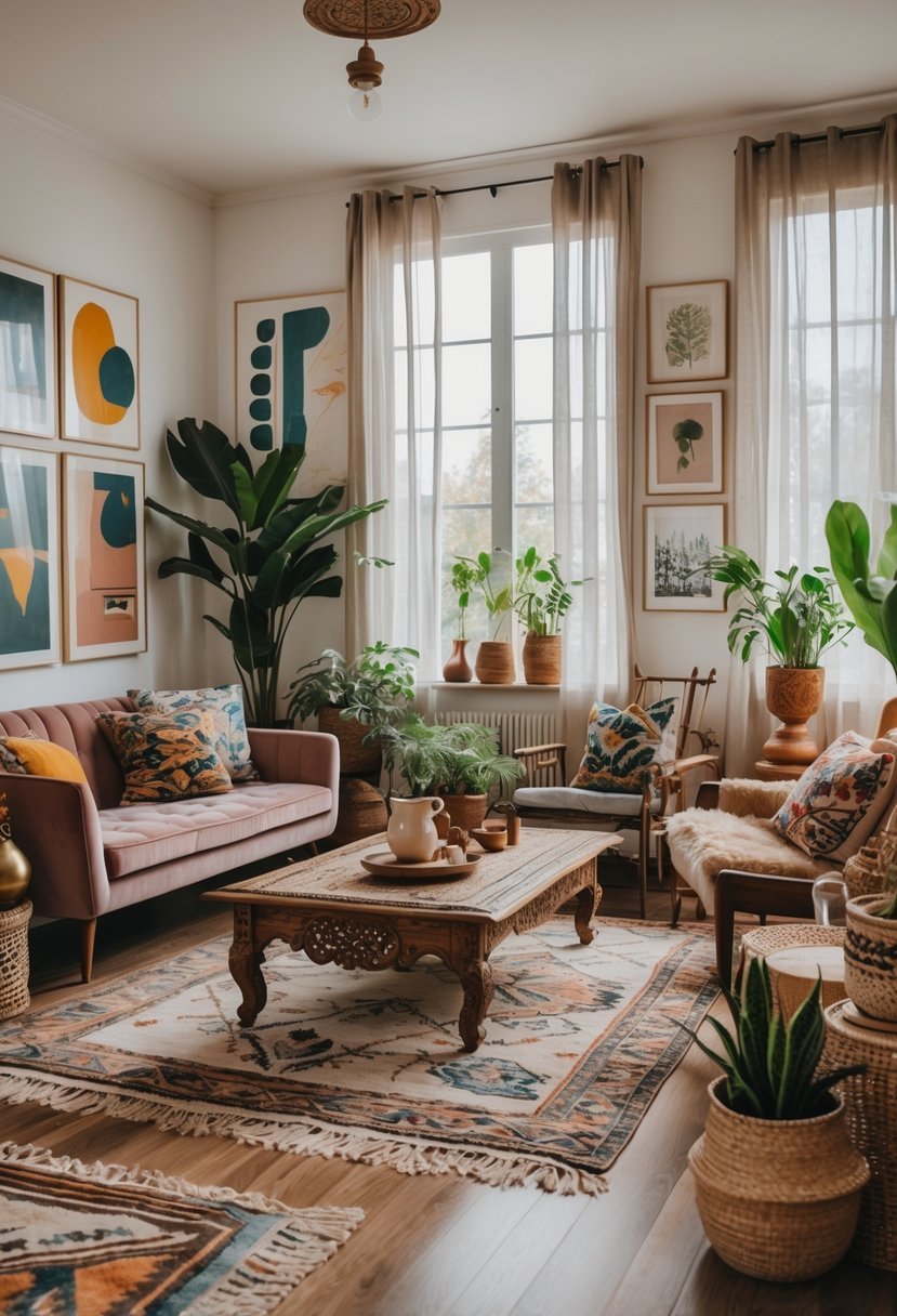 A bright living room with a sofa, coffee table, plants, and a mix of decorative items on wooden floors.