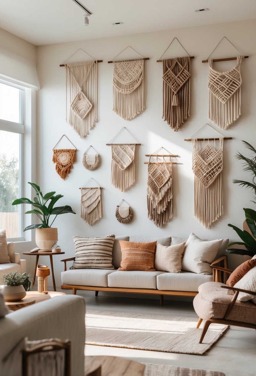 A living room with multiple handmade wall hangings displayed on the walls above a sofa and surrounded by plants and furniture.