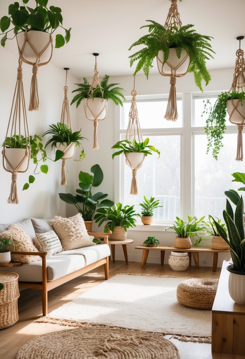 A living room with hanging macramé plant holders displaying green plants, wooden furniture, and natural light coming through large windows.