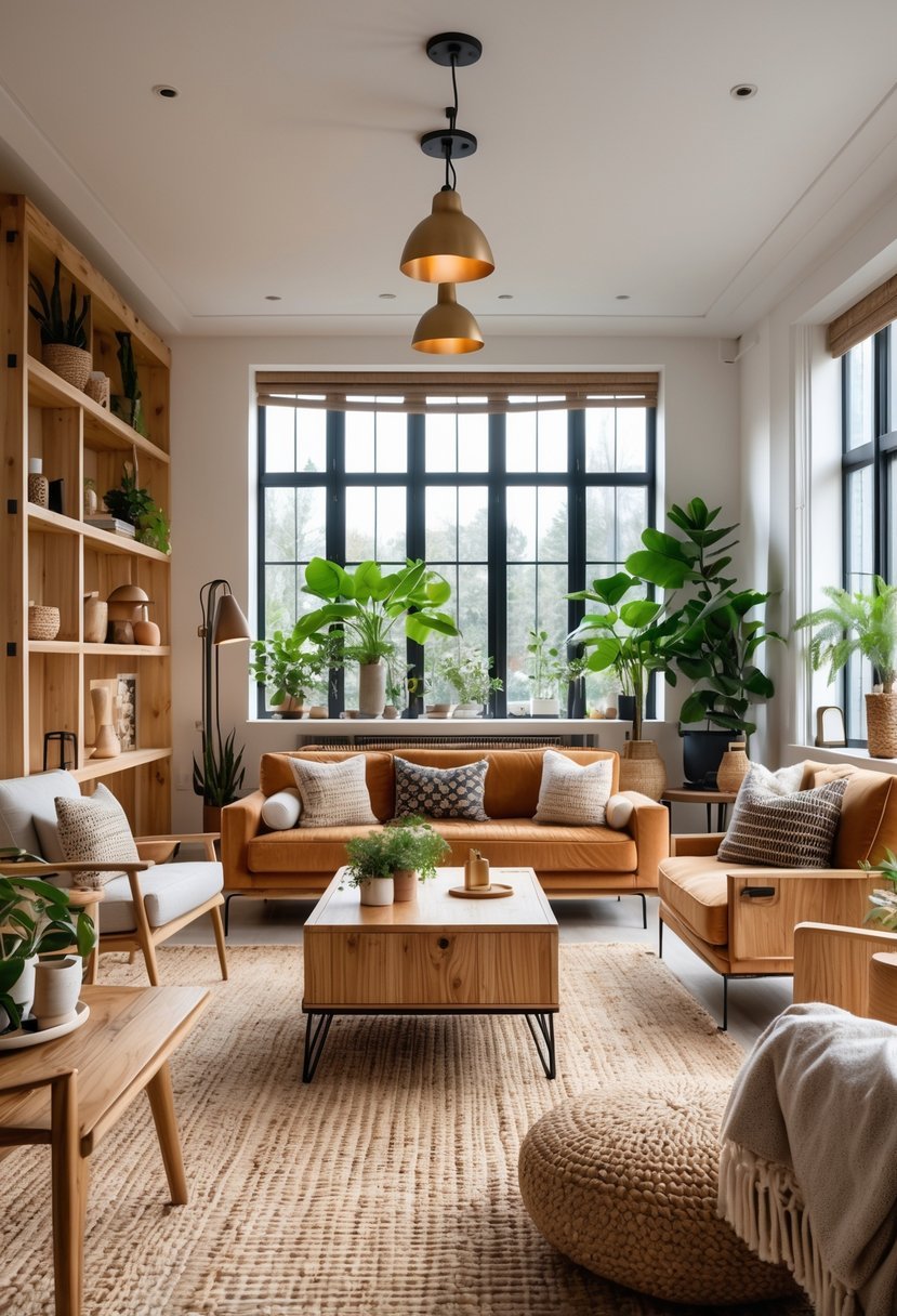 A bright living room with wooden furniture, metallic accents, soft textiles, and green plants.