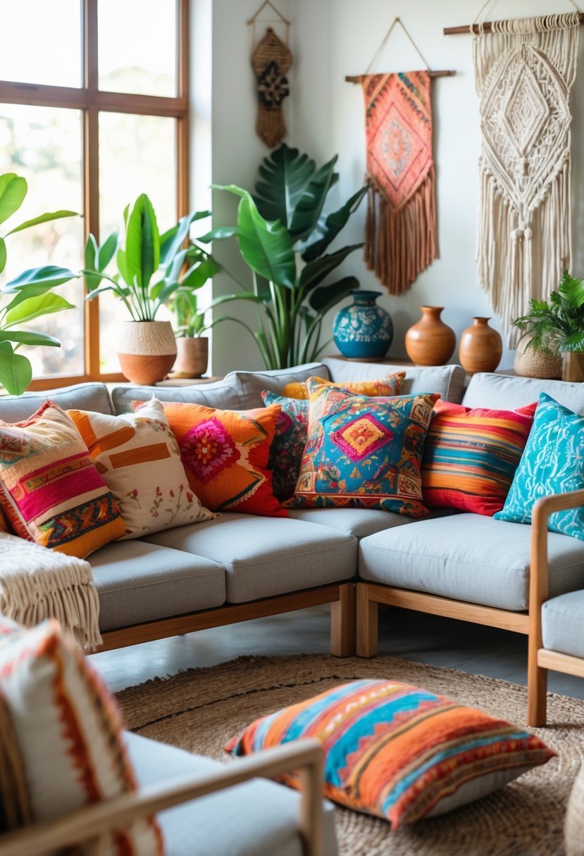 A living room with a sofa and chairs covered in colorful throw pillows, surrounded by plants and wooden furniture.