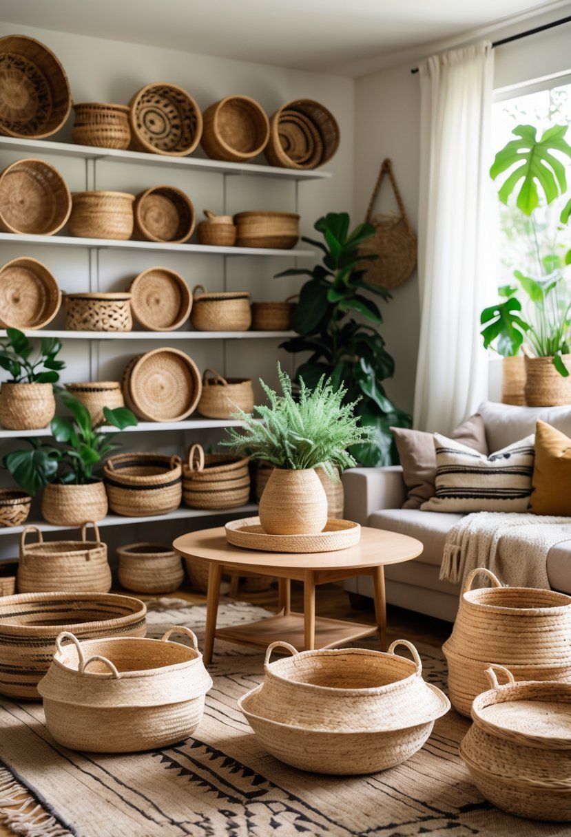 Living room with multiple woven baskets used for storage, surrounded by furniture, plants, and decor.