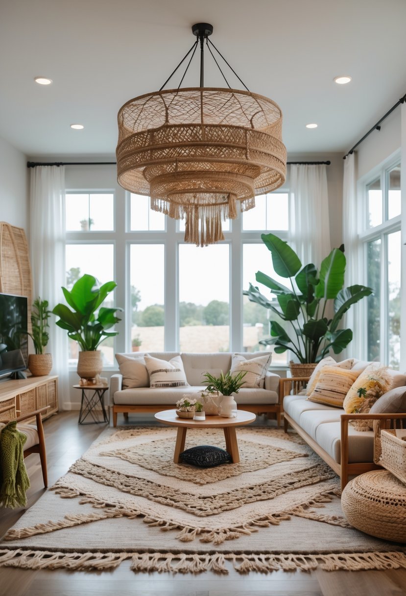 A bright living room with a large decorative chandelier, plants, wooden furniture, and cozy seating.