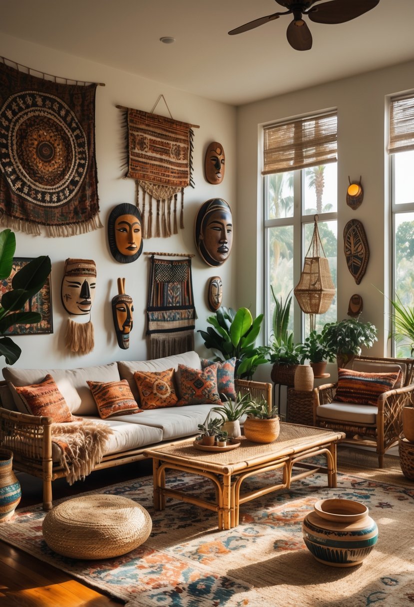 A bright living room with a large sofa, colorful pillows, various art pieces on the walls, wooden furniture, plants, and layered rugs creating a warm and inviting space.