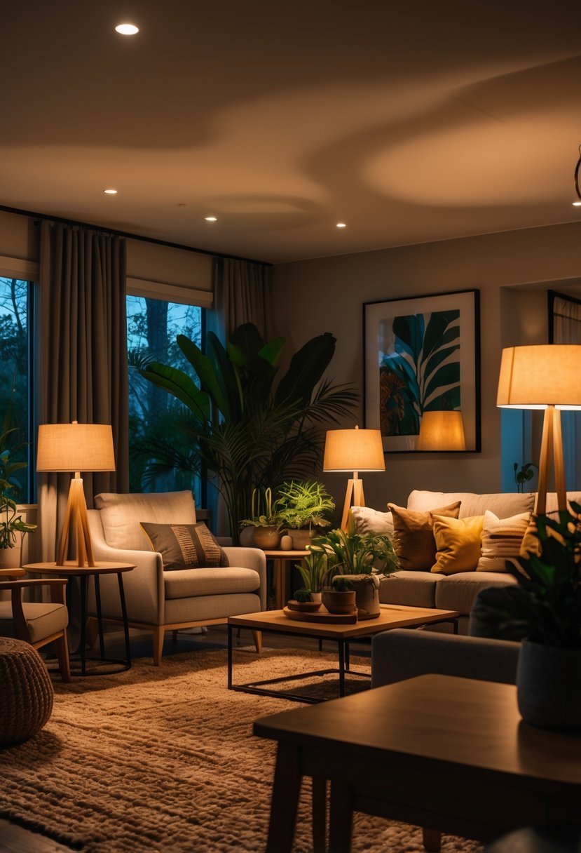 A well-lit living room with a sofa, armchairs, floor lamps, table lamps, plants, and decorative items creating a warm and inviting atmosphere.