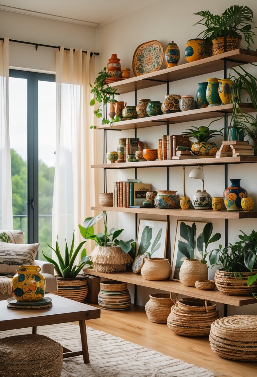 A living room with open shelves displaying various decorative items, a cozy seating area, and natural light coming through large windows.