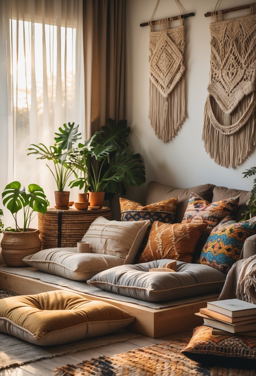 A cozy reading nook with oversized cushions, books, plants, and soft lighting in a living room.