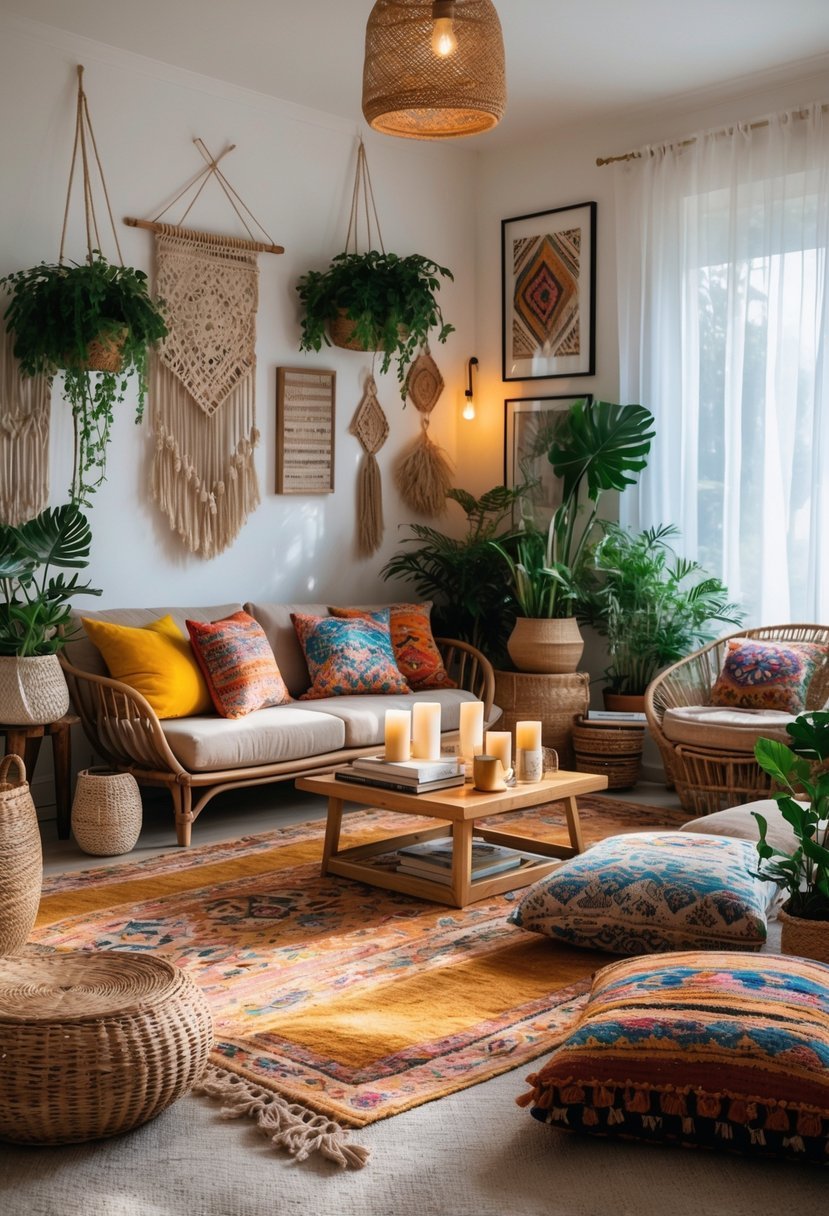 A bright living room with wooden furniture, colorful cushions, plants, and decorative wall hangings, creating a warm and inviting atmosphere.