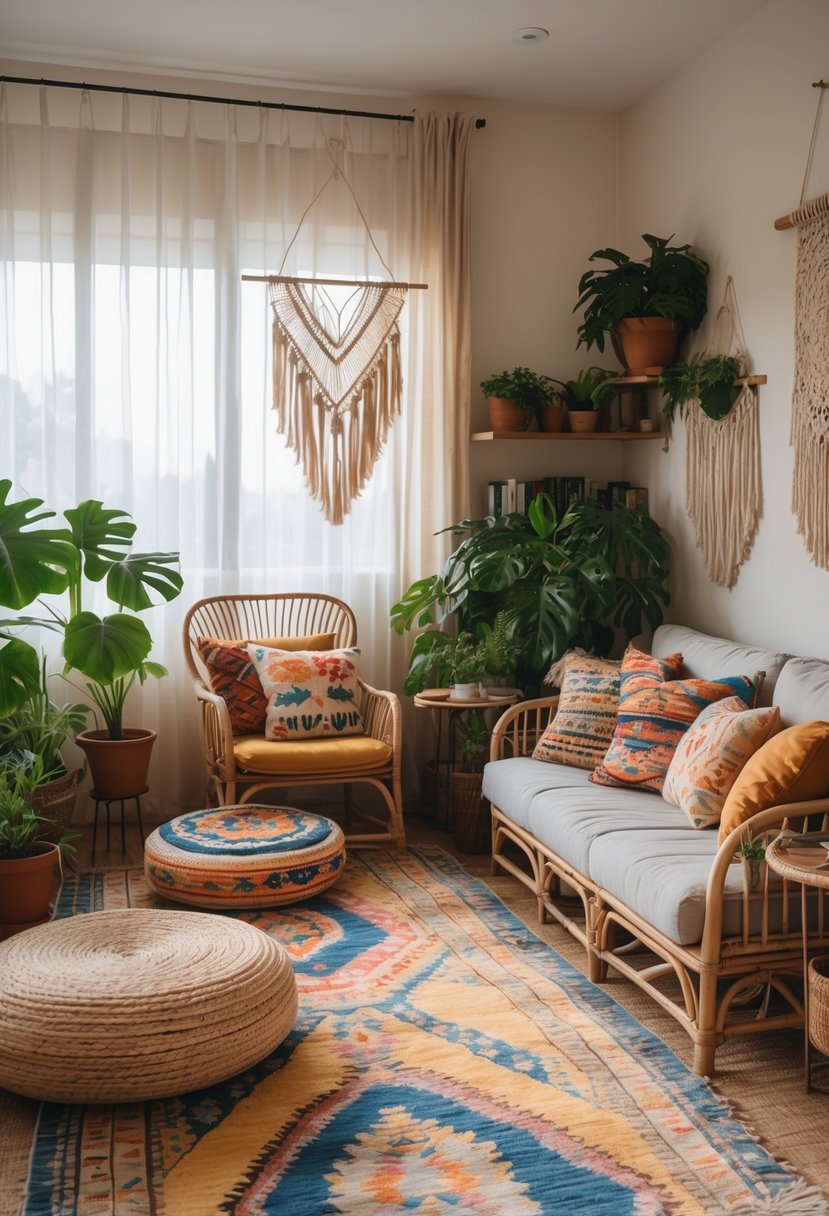 A cozy living room with a sofa, colorful pillows, plants, rugs, and wooden furniture arranged neatly.