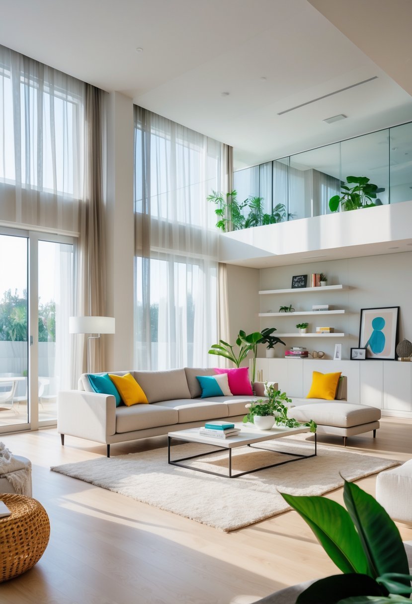 A bright and spacious living room with a sofa, coffee table, large windows, and indoor plants.