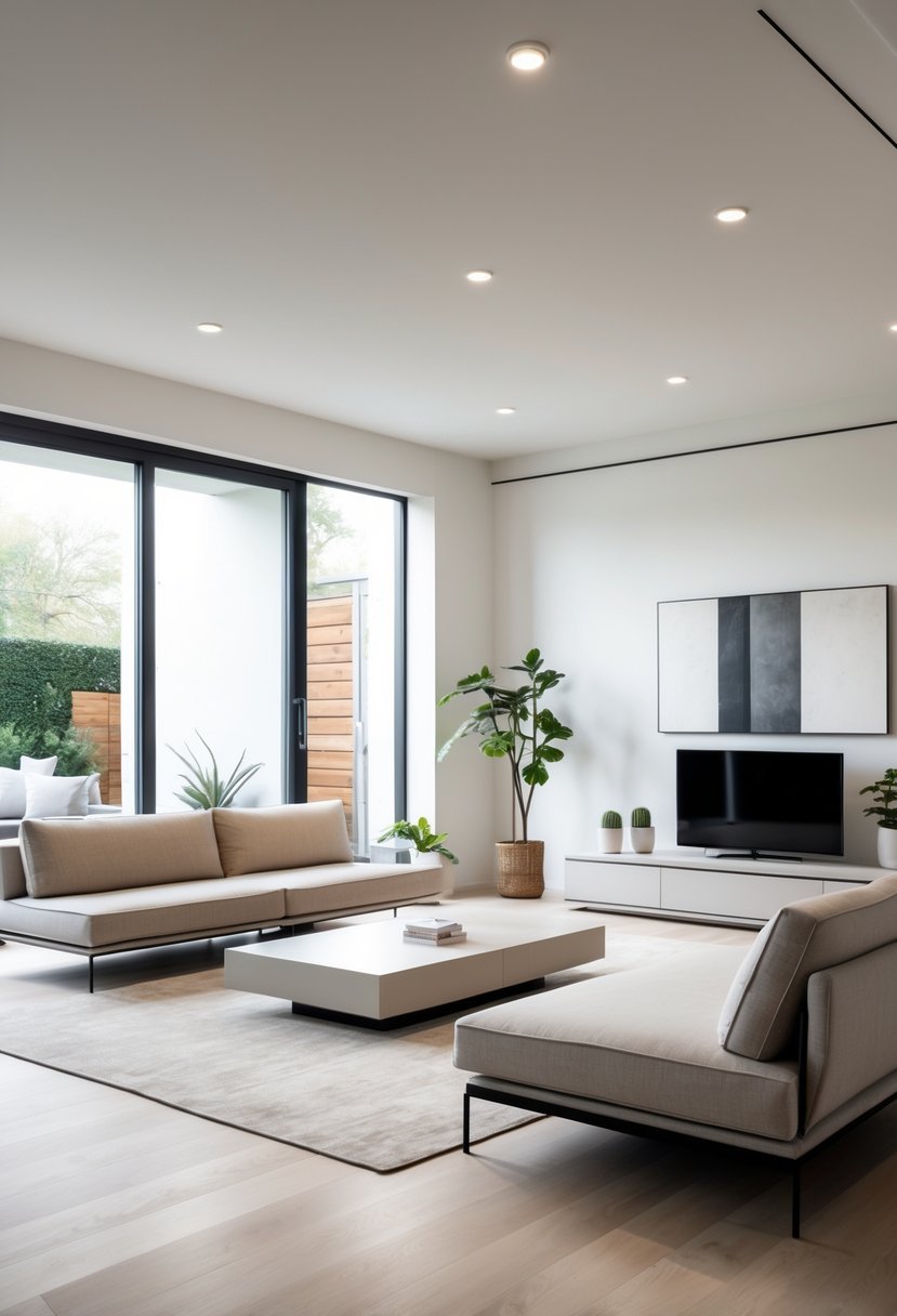 A bright living room with a sofa, coffee table, and large windows letting in natural light.