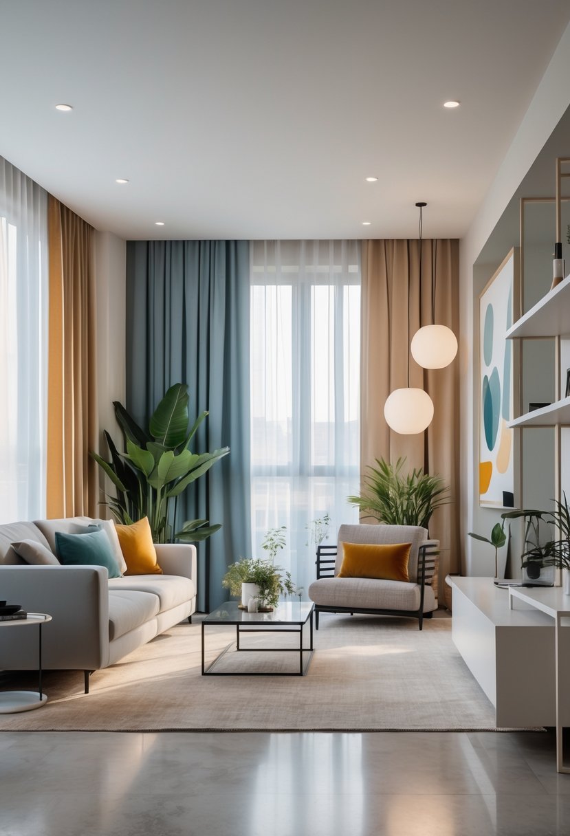 A modern living room with a sofa, coffee table, large windows, and indoor plants.