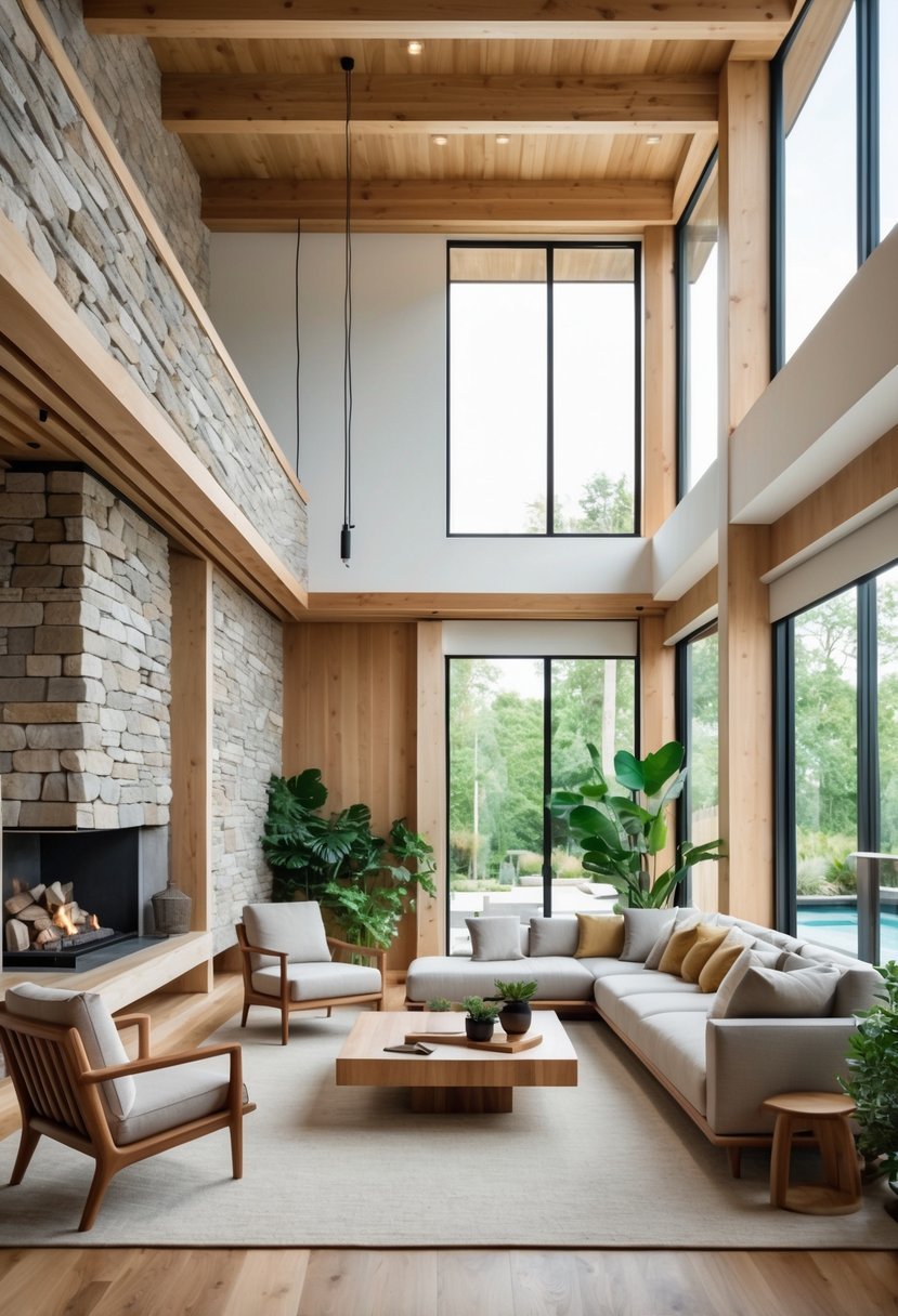 A bright living room with wooden furniture, stone wall accents, a sofa, armchairs, and plants near large windows.