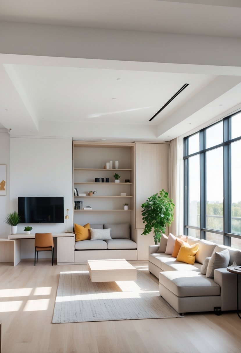A modern living room with multifunctional furniture including a sofa with storage, a coffee table desk, and a fold-out wall bed, with natural light and plants.