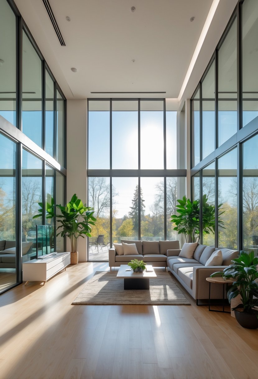 A bright living room with large windows and mirrors allowing natural light to fill the space, furnished with a sofa, coffee table, and plants.