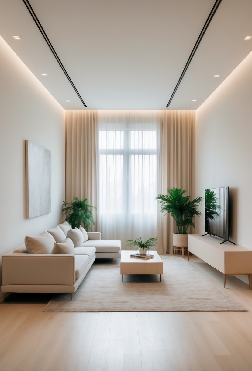 A clean and spacious living room with a sofa, coffee table, large windows, and plants.