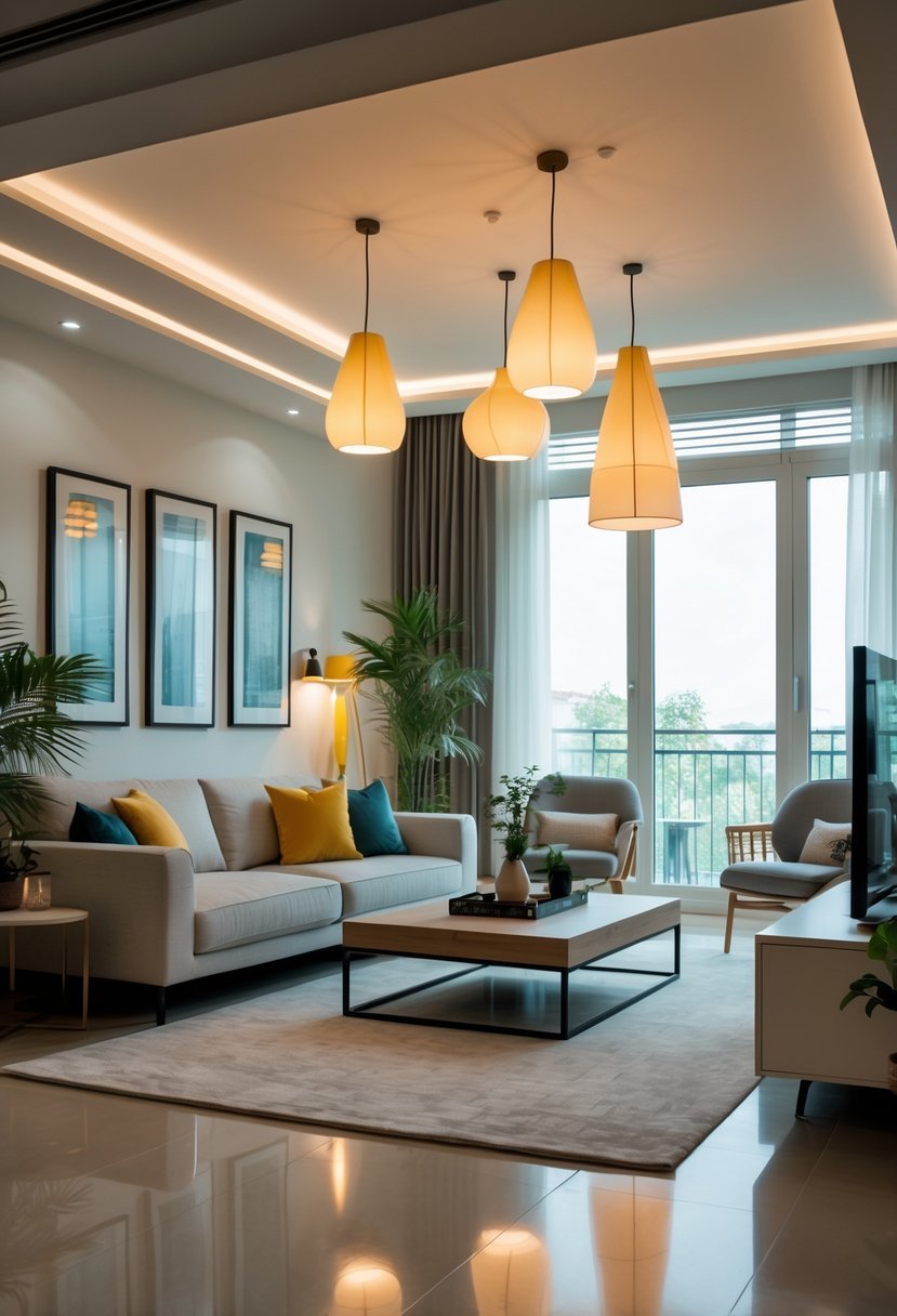 A modern living room with pendant lamps hanging from the ceiling, a sofa, coffee table, plants, and large windows letting in natural light.