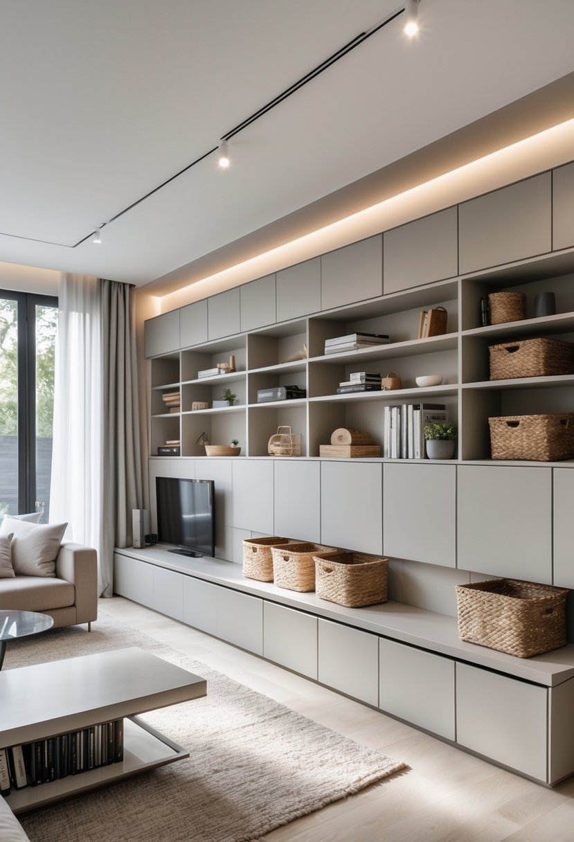 A tidy living room with built-in shelves and cabinets, a sofa, coffee table, and large windows letting in natural light.