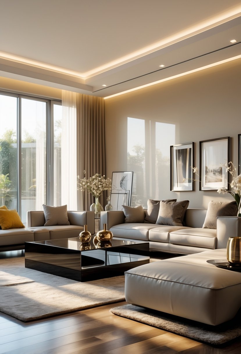 A modern living room with a sofa, coffee table, decorative items, and large windows letting in natural light.