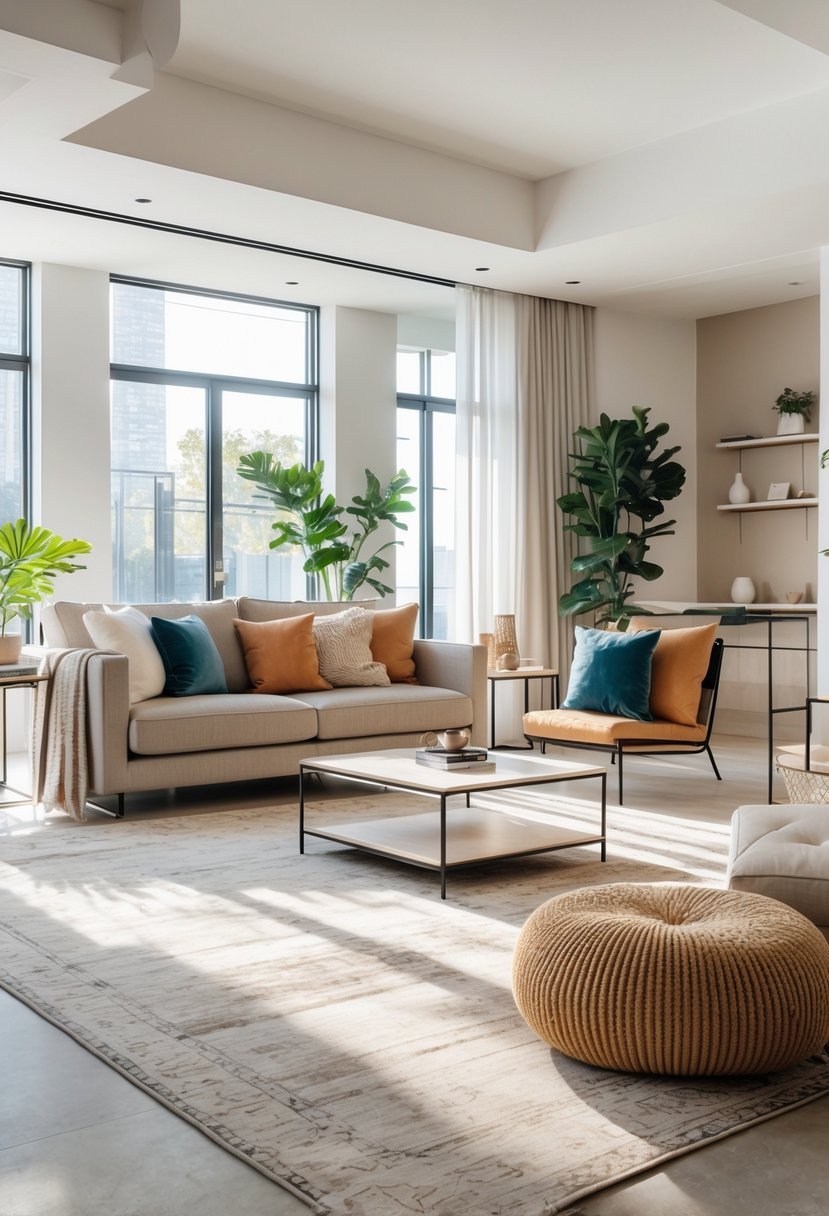 A bright living room with a sofa, throw pillows, an area rug, a coffee table, and indoor plants.