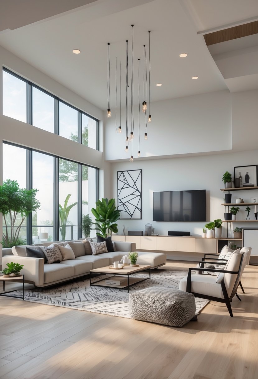A bright and spacious living room with modern furniture, large windows, plants, and decorative elements arranged neatly.