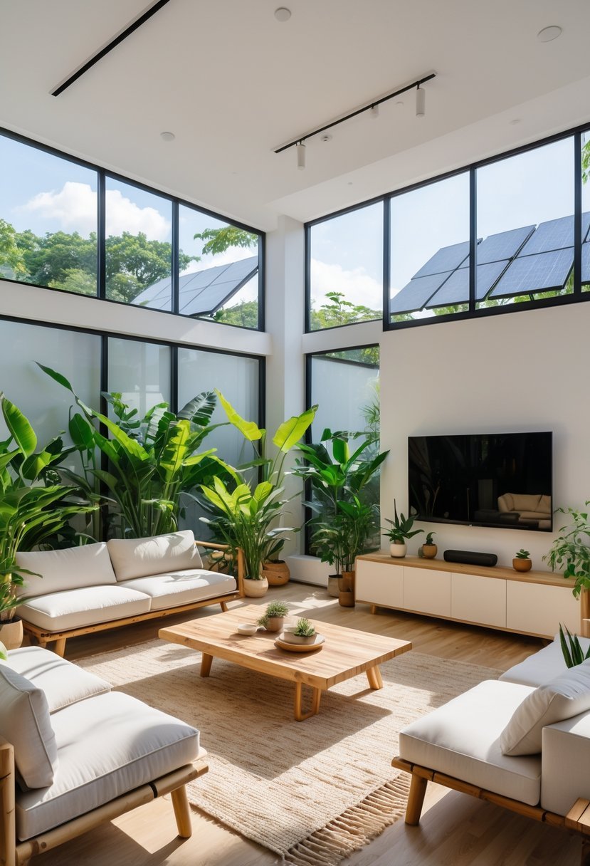 A bright living room with large windows, green plants, eco-friendly furniture, a wall-mounted TV, and modern lighting.