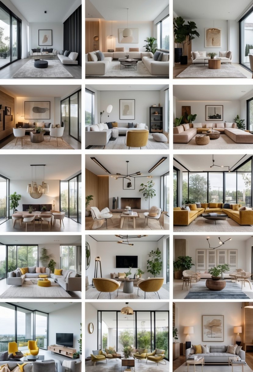Twelve different modern living room interiors arranged in a grid, each with sofas, tables, and decor.