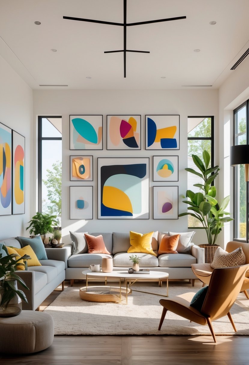 A modern living room with multiple seating areas, abstract paintings on the walls, large windows letting in natural light, and various decorative elements creating a comfortable and stylish space.