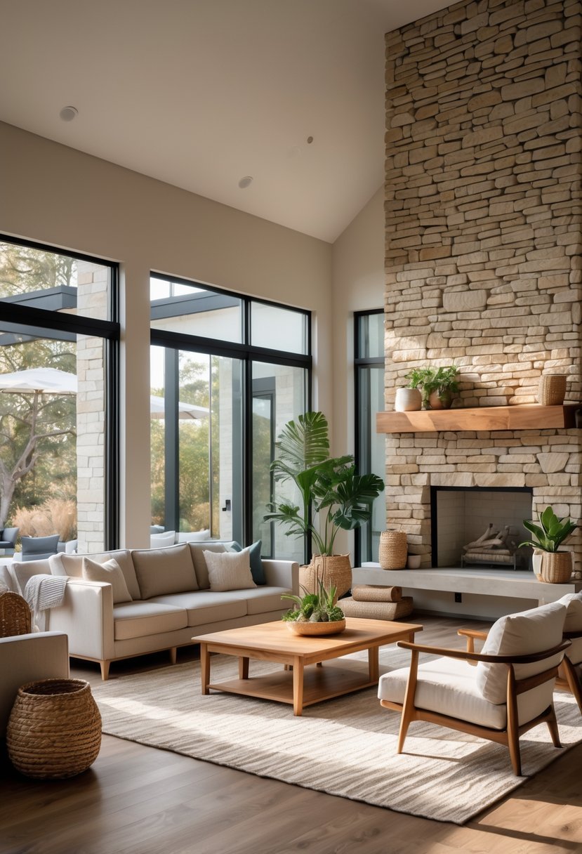 A living room with a sofa, armchairs, wooden coffee table, stone accent wall, and large windows letting in natural light.