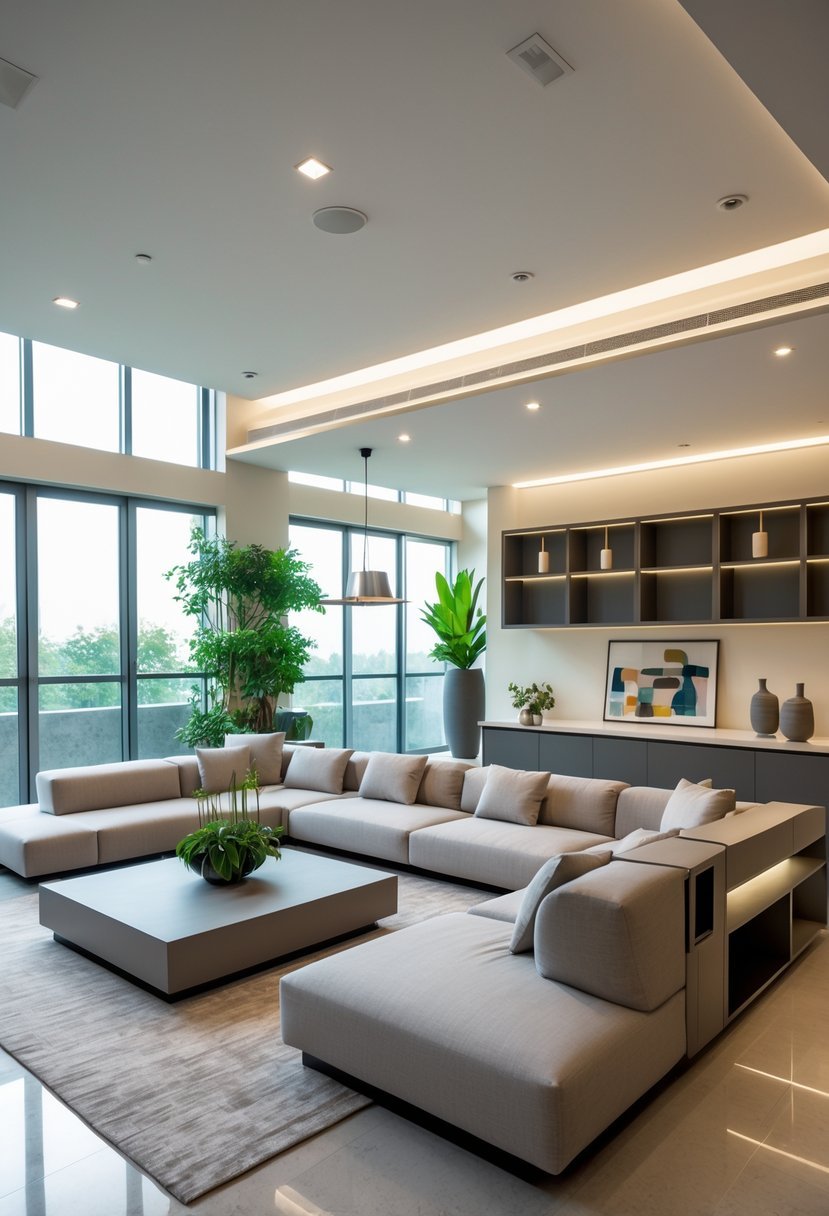 Spacious living room with modern furniture arranged to maximize space, featuring large windows, shelves, and decorative plants.